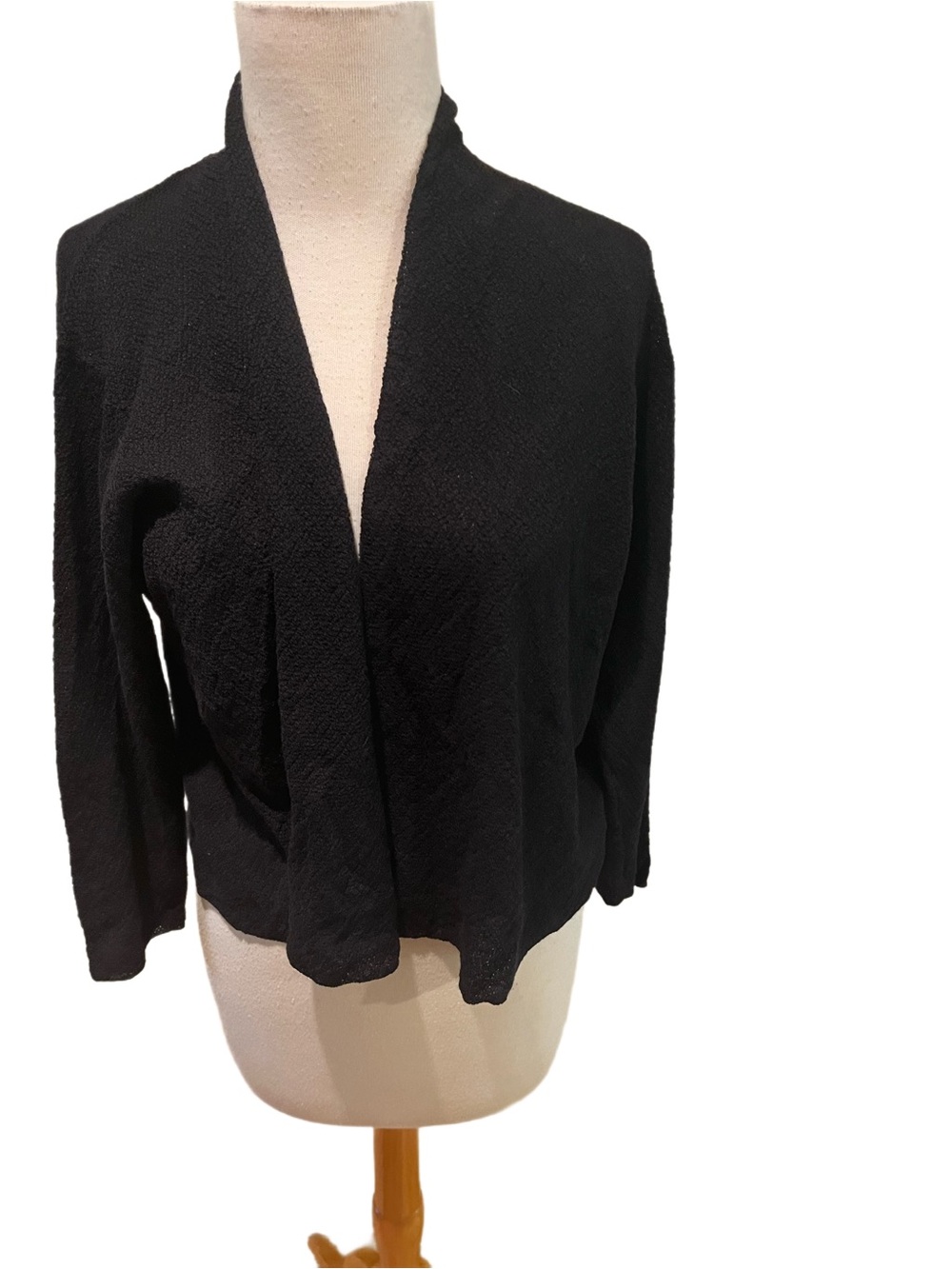 LN EILEEN FISHER BLACK Winter 100% Nubby WOOL Open WRAP Cardigan SWEATER L